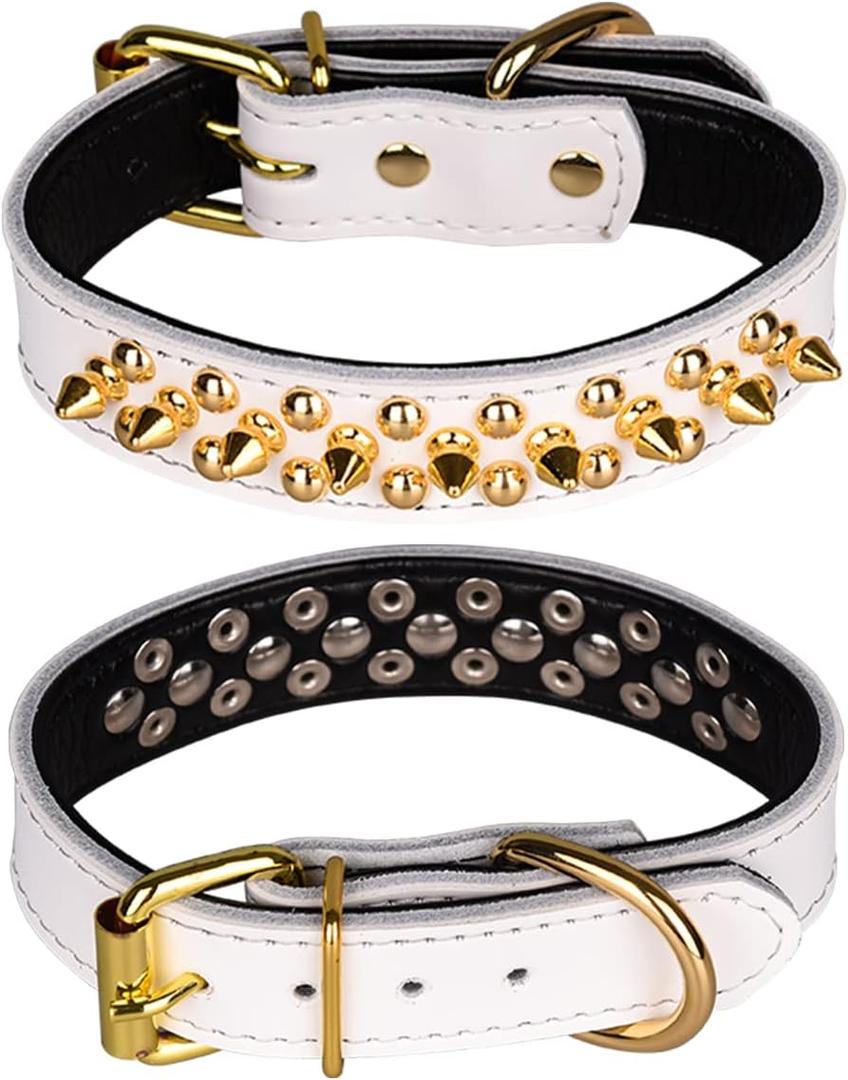 Spiked Studded Dog Collar, Genuine Leather Dog Collar, Adjustable Pet Collars for Small or Medium Pet (L, White) Spiked Studded Dog Collar, Genuine Leather Dog Collar, Adjustable Pet Collars for Small or Medium Pet (L, White)