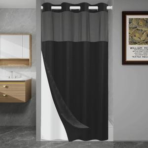 No Hook Shower Curtain with Snap in Liner Set Waffle Shower Curtain for Bathroom Hotel Style Fabric Waterproof Inner Liner60" W x 74" H, Black