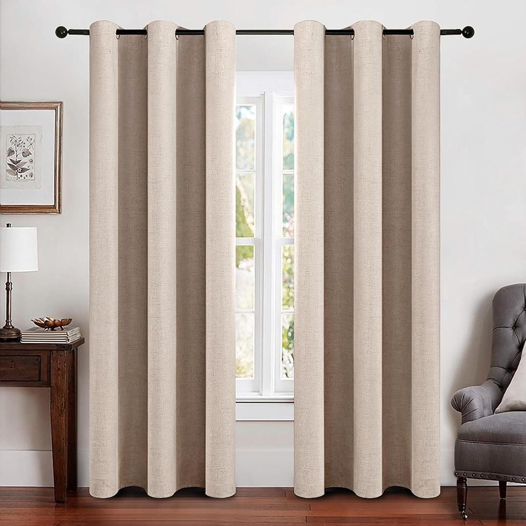 MIULEE 100% Blackout Linen Texture Curtains Solid Thermal Insulated Natural Beige Curtains Grommet Room Darkening Curtains & Drapes for Living Room Bedroom Nursery 42 x 84 (2 Panels)
