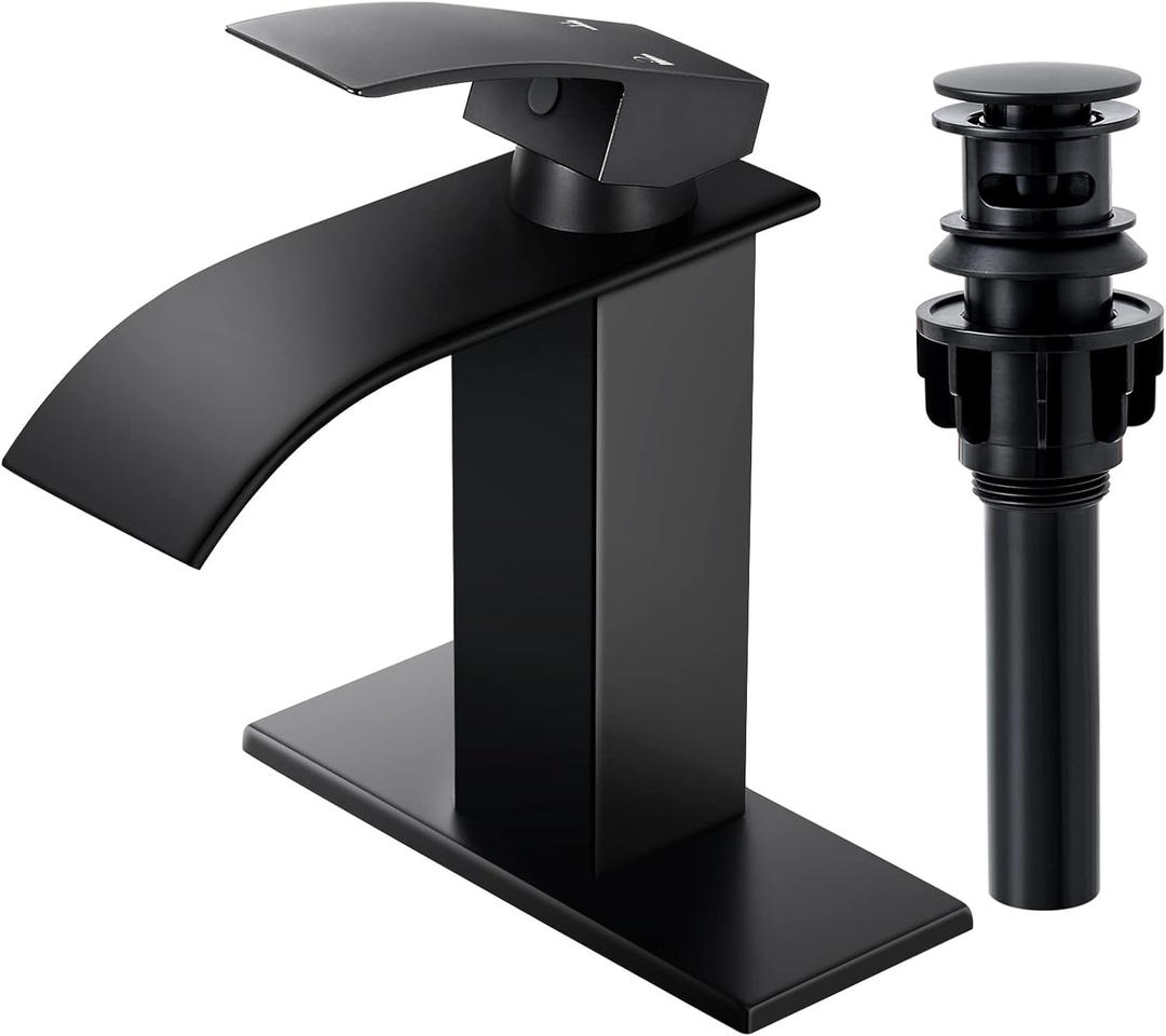 Qomolangma Waterfall Bathroom Faucet, Matte Black Modern Single Handle Bathroom Faucets for 1 or 3 Hole Bathroom Sink Faucet Mixer Tap Washbasin Faucet with Deck, Pop-up Drain and Supply Hoses (Short, A-Black)