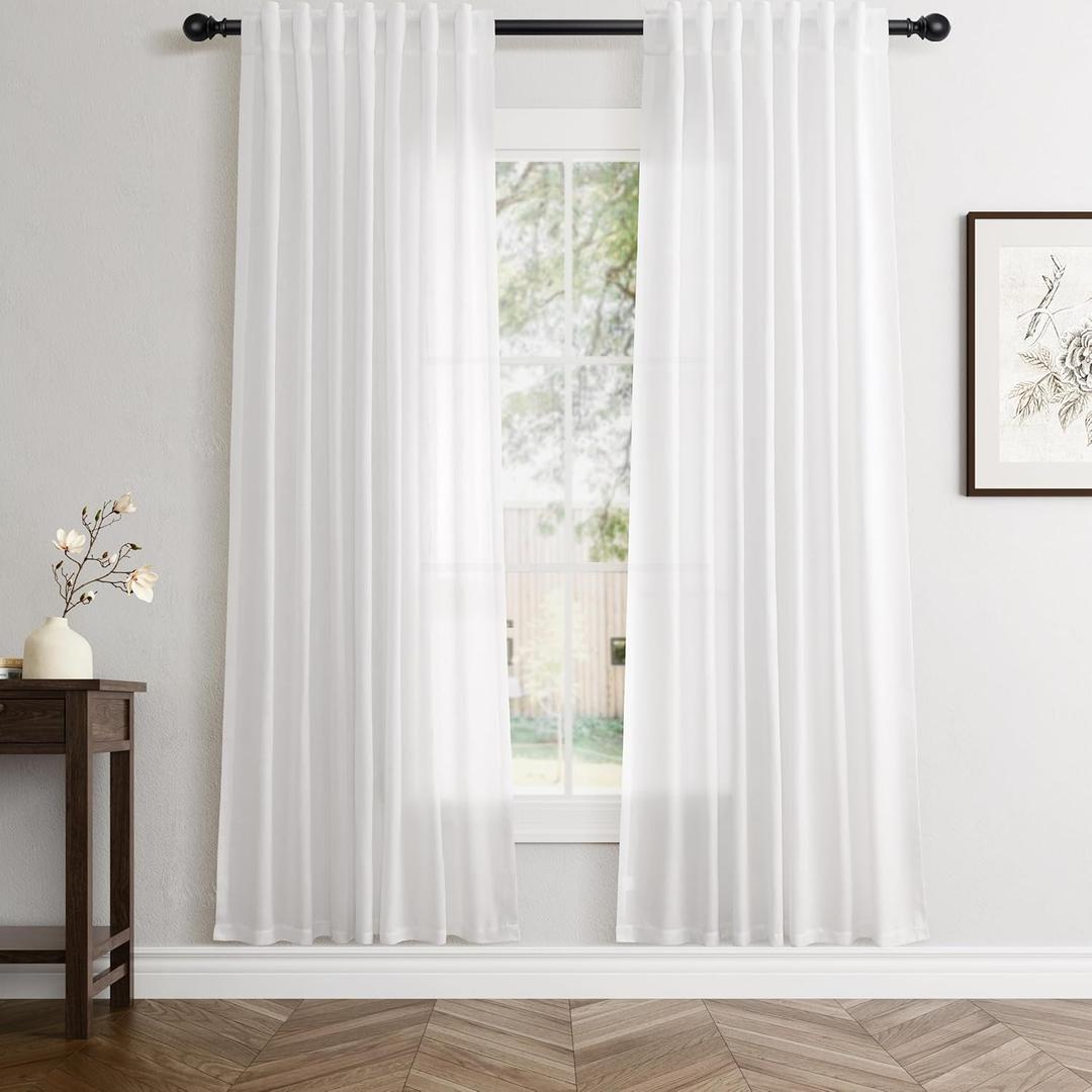 Linen White Curtains 72 inches Long for Bedroom Back Tab Privacy Light Filtering Semi Sheer White Boho Farmhouse Curtain Textured Modern Elegant Coastal Decor Curtains for Living Room