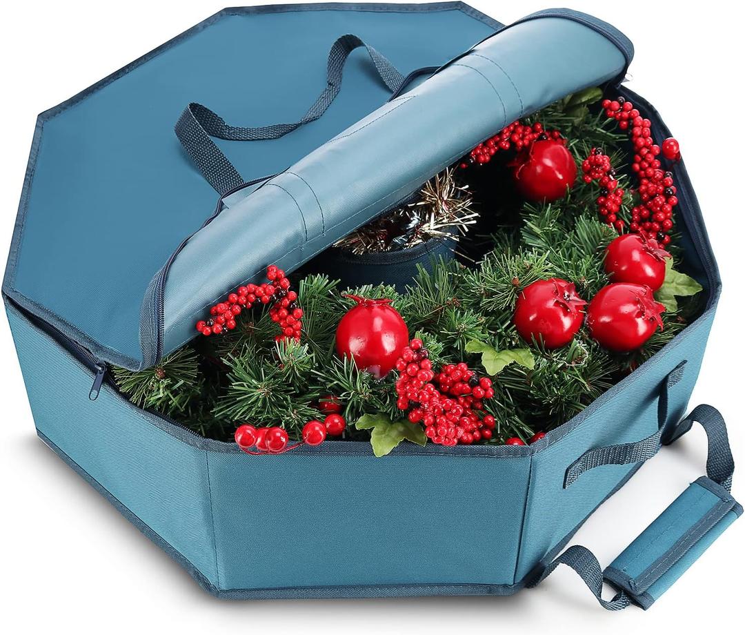 Wreath Storage Container - Hard Shell Christmas Wreath Storage Bag with Interior Pockets, Dual Zipper and Handles - 24" Premium Wreath Storage Organizer Box by Hearth & Harbor