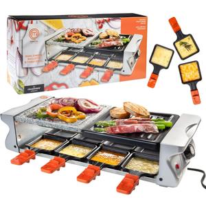 MasterChef Electric Raclette Table Grill w Non-Stick Grilling Plate & Cooking Stone- 8 Person Tabletop Cooker for Indoor, Smokeless, Korean BBQ - Melt Cheese, Cook Meat, Veggies, Appetizers-19" x 8"