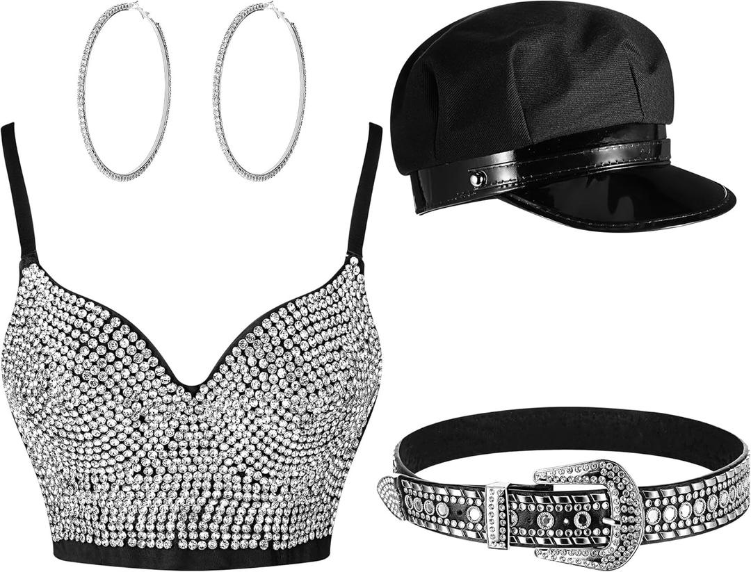 Tisancy 4 Pcs Rhinestone Bustier Top Costume Women's Push up Crop Top Diamond Belt Chauffeur Hat Earrings Hoop XS