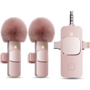 PQRQP 3 in 1 Wireless Lavalier Microphone for iPhone, iPad, Android, Camera, Mini Microphone, 7-Hour Battery, High Definition Sound Quality for Interview, Video Podcast, Vlog (Pink)