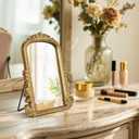 Vintage Vanity Mirror with Stand 11.8"x9.6" Gold Tabletop Makeup Mirror, Arched Decorative Mirror with Carved Engineered Wood Frame for Bedroom, Dresser, Bathroom or Desk