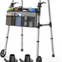 Loyoda Folding Walker with Basket and Glide Skis, 5" Wheels Lightweight Walkers for Seniors and Adults, Supports Up to 350 Pounds, Adjustable Height, Compact Standard Walker, Black