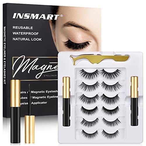 Magnetic Eyelashes, 5 Pairs Magnetic Lashes, False Lashes with 2 Tubes of Magnetic Eyeliner, Magnetic Eyelashes Kit with Tweezers, Reusable, No Glue