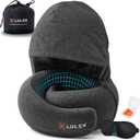 LOLEX Hooded Pro Travel Pillow - Memory Foam Neck Support Pillow for Airplane, Flight - Super-Soft Pure Cotton Fabric, Maximum Privacy & Light-Block Design, Lightweight Full Travel Kit - Dark Grey