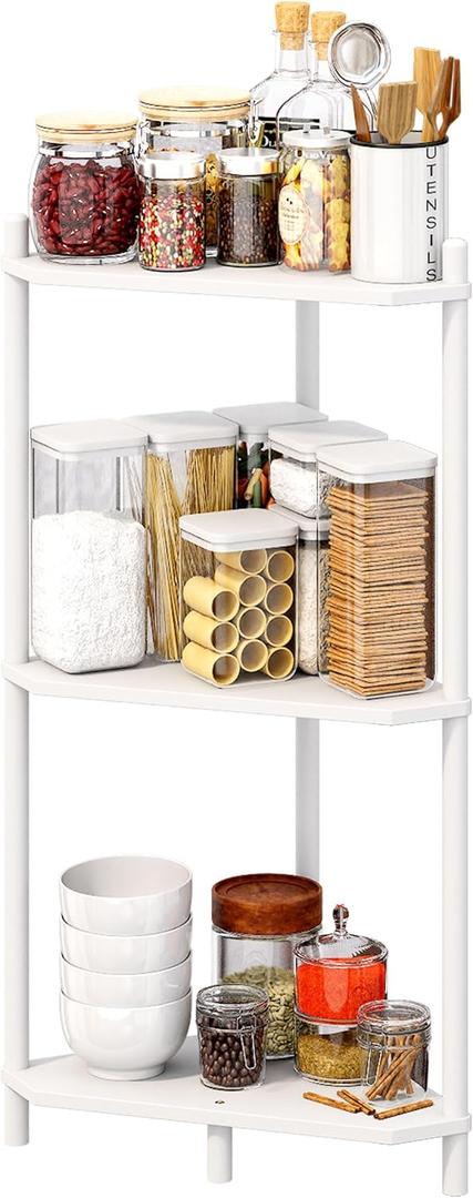 Corner Shelf Stand - 3 Tier Bamboo Small Corner Bookshelf for Office Kitchen Bedroom Plant Stand Living Room Decor Small Space (White3 Tier)