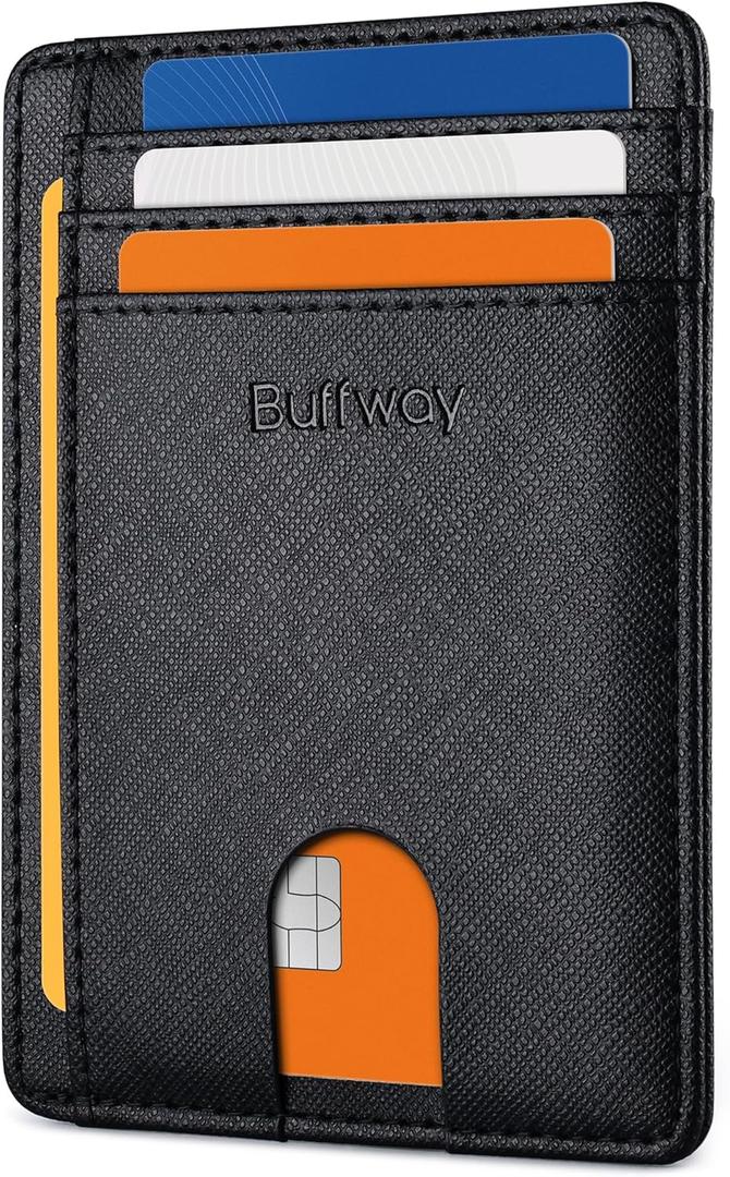 Buffway Slim Minimalist Front Pocket RFID Blocking Leather Wallets for Men and Women (Cross Black)
