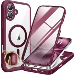Miracase for iPhone 16 Case 6.1'', [Bubble Free] Full-Body Bumper Phone case with Built-in Full Glass Screen &Lens Protector,No Gap,Compatible with MagSafe,Drop Proof 16 Cover, Plum