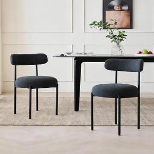 Dining Chairs Set of 2, Boucle Upholstered Modern Mid Century Round Kitchen Chairs with Curved Backrest & Metal Legs for Vanity, Living Room (Black)