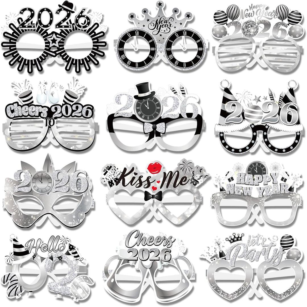 2 x HOWAF 24pcs Black Silver New Year Glasses, Happy New Year Paper Eyeglasses for 2026 New Year Eve Party Supplies, Silver New Year Photo Booth Props Eyewear, Fancy New Year Party Glasses for 2026 NYE