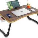 Zapuno Foldable Laptop Bed Table Multi-Function Lap Bed Tray Table with Storage Drawer and Water Bottle Holder, Serving Tray Dining Table with Slot for Eating, Working on Bed/Couch/Sofa (Beige1)