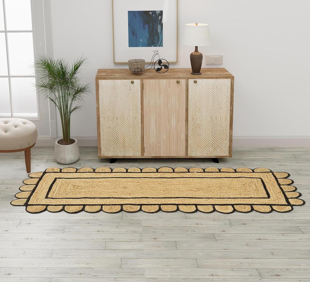 GRUHUM Jute Area Rug 2'6"x10' ft Scalloped Runner Natural Base Black Trim Handwoven Boho Reversible Soft Braided Farmhouse Jute Runner Rug Indoor Friendly Livingroom Bedroom Kitchen Hallway Enterway