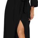 VINTATRE Women Kimono Robes Long Knit Bathrobe Lightweight Soft Knit Sleepwear V-neck Casual Ladies Loungewear (Black, M)