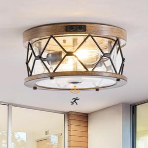 Motion Sensor Outdoor Flush Mount Ceiling Light, Industrial Glass Rustic Wood-Like Finish 2-Light Ceiling Lamp for Porch, Entryway, Garage, Timer and Sensitivity Adjustable (Wood-Like-Round)