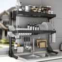 Over Sink Dish Drying Rack, 3-Tier Full Stainless Steel Drainer Dish Rack Adjustable 20.9''-37.4'', Expandable Multifunctional Kitchen Organizer (3 Tier with Flat Grid, Black)