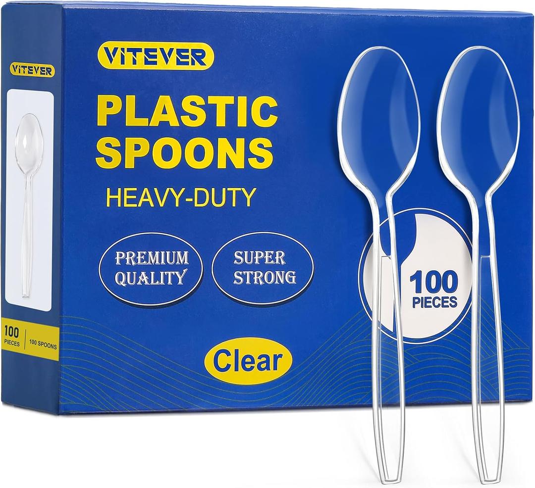 [100 Count] Clear Plastic Spoons Heavy Duty, Premium Disposable Spoons, Durable Plastic Cutlery for for Parties, Picnics, Big Event, Daily Use - Heat Resistant & BPA Free - Clear