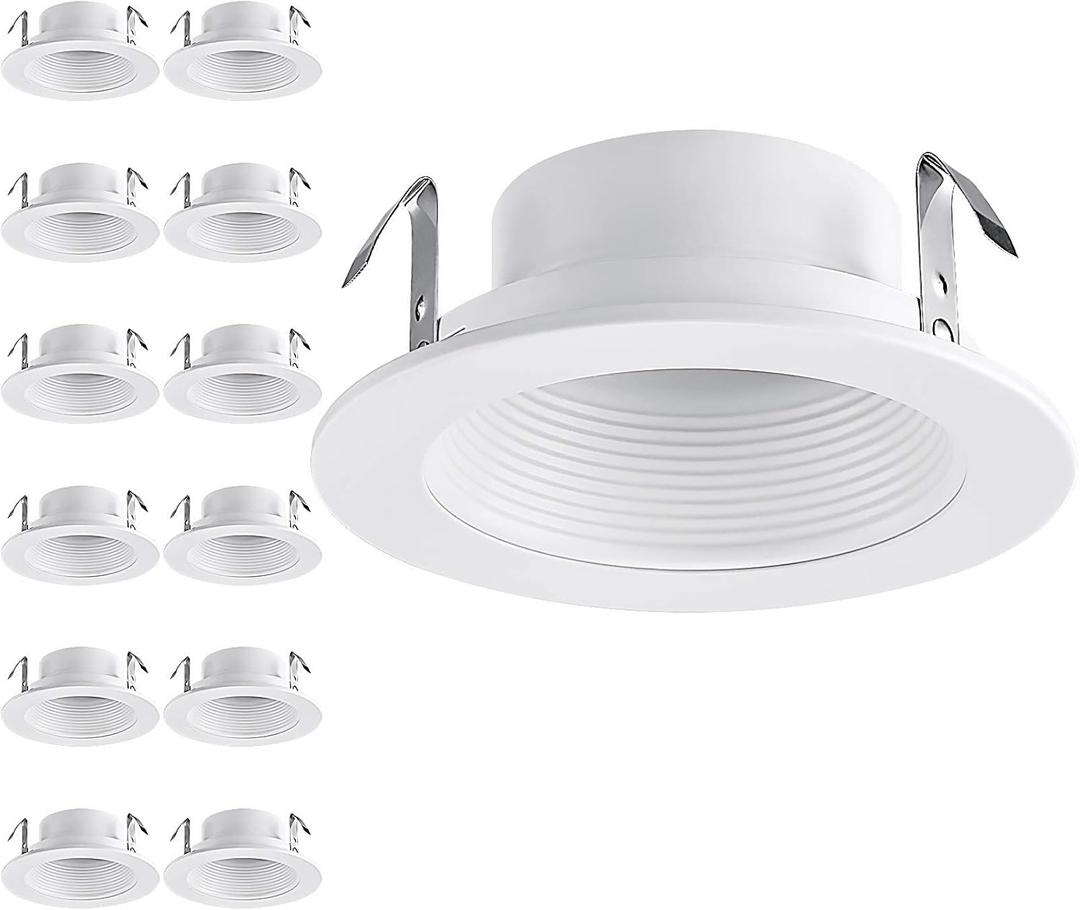 TORCHSTAR 12-Pack 4 Inch Classic White Recessed Light Trim, Metal Can Light Trim, Step Baffle with Ring, Fit Halo/Juno Remodel Recessed Housing, 4 Inch Trim for PAR16, PAR20, BR20, White
