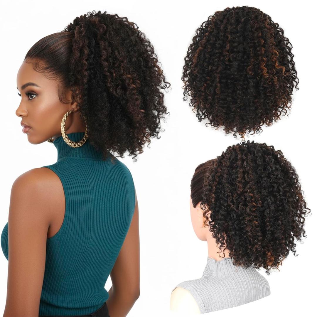 LEEONS Afro Kinky Curly Drawstring Ponytail for Black Women, 10 Inch Short Updo Ponytail Extension with 4 Hidden Combs, Chestnut Highlights for Natural Look (MB/33#)​