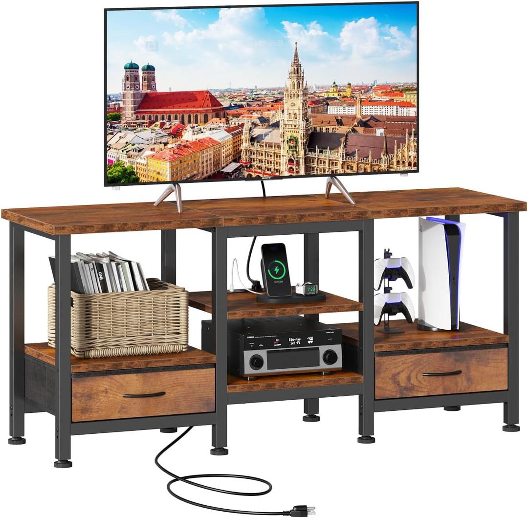 Sweetcrispy Entertainment Center with Stoage Wood TV Stand with Drawers for 65 Inch+ TVS, Television Stands for Living Room Media Console with Charging Station Drawers Shelf Sturdy Frame, 47'' Rustic