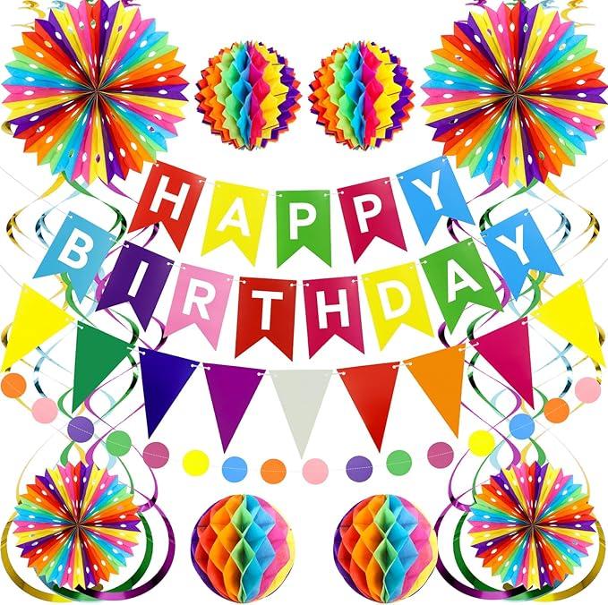 Happy Birthday Banner, Rainbow Birthday Banner, 6 Honeycomb Balls, 8 Metallic Hanging Swirls and Circle Parper Garland, Happy Birthday Decorations