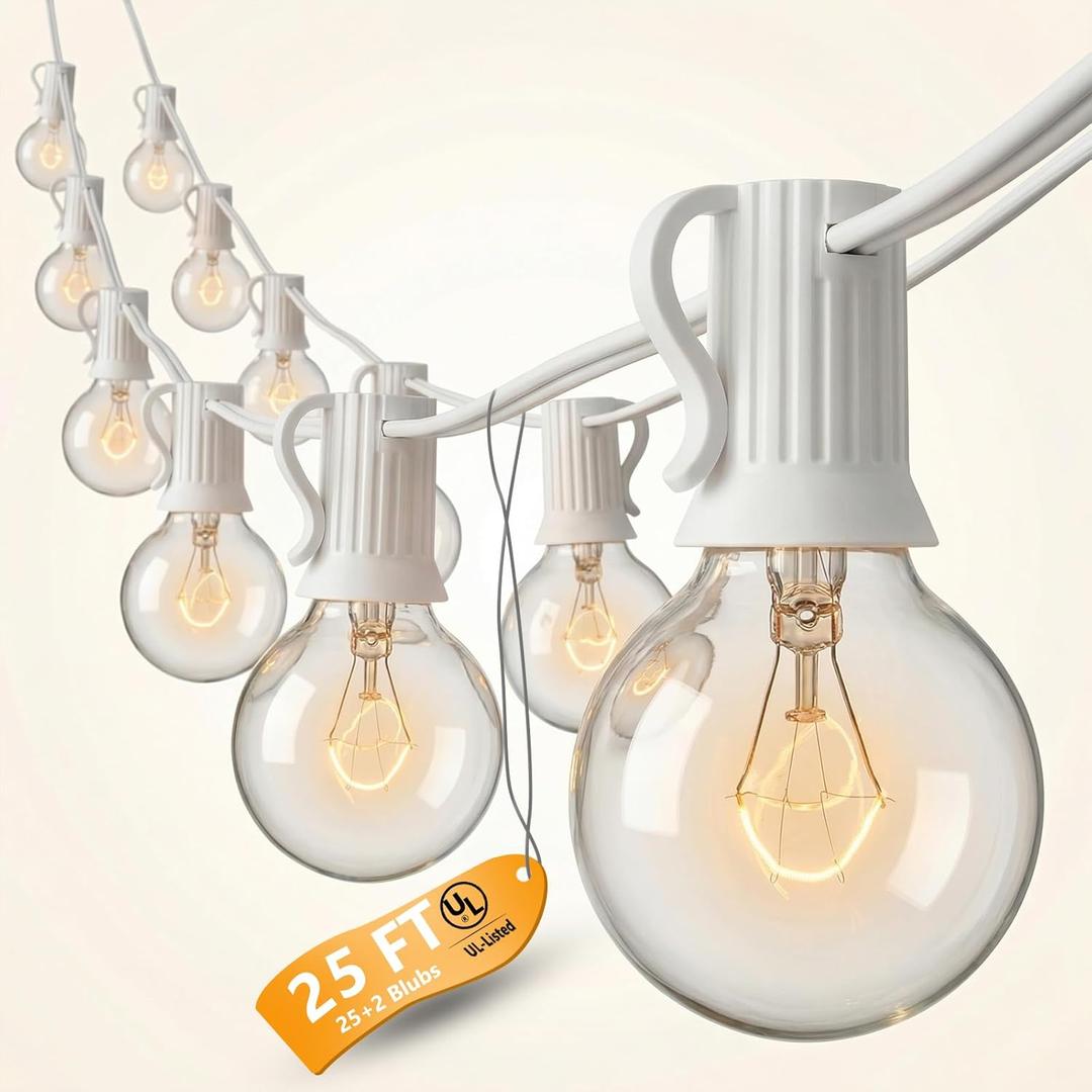 25Ft Outdoor String Lights, G40 Globe String Lights with 27 Clear Glass Bulbs, Waterproof Incandescent White String Lights for Patio, Balcony & Bedroom, Warm White Bistro Lights
