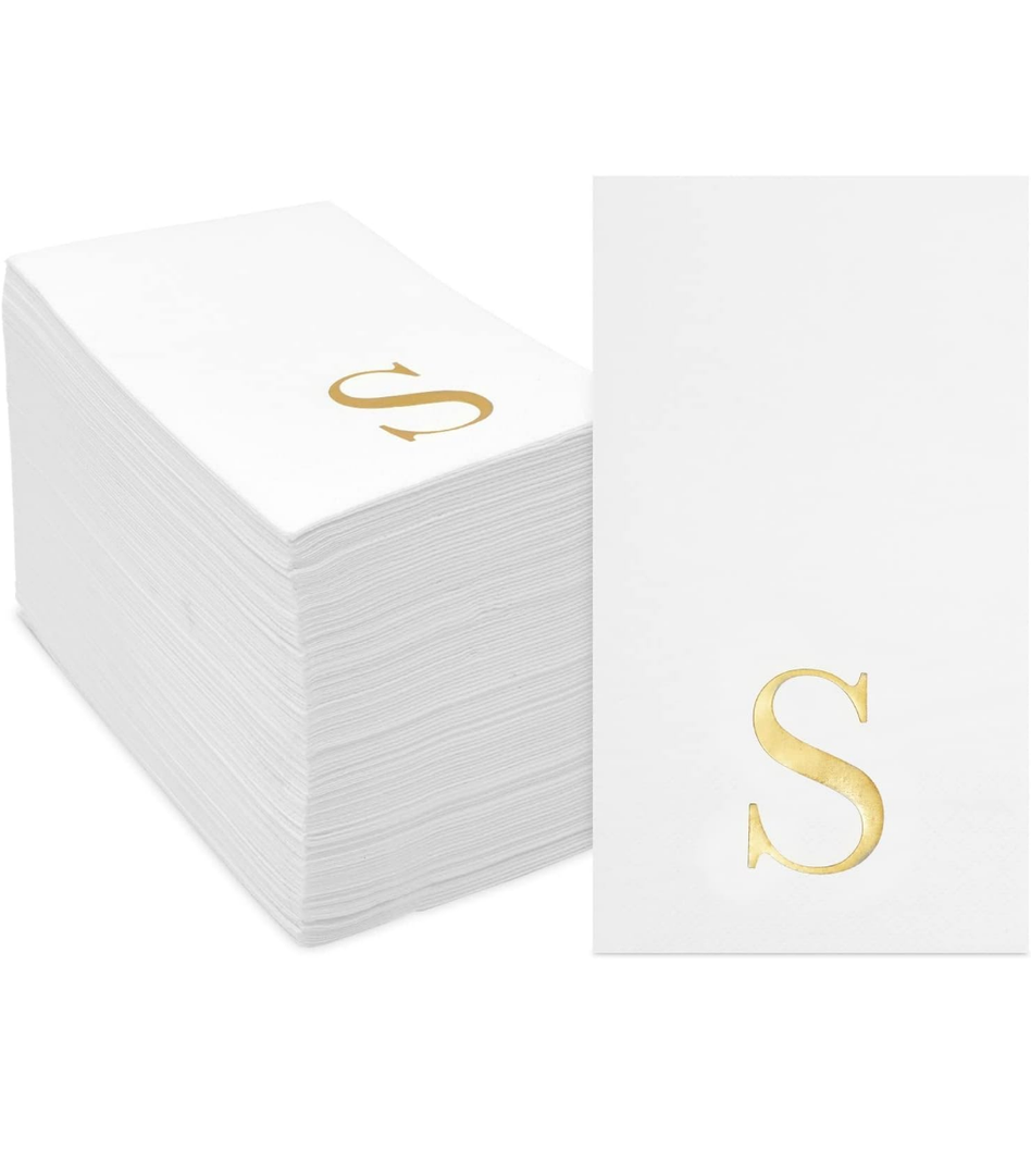 Sparkle and Bash 100 Pack Gold Foil Initial Letter S White Monogram Paper Napkins, 4x8 inch Disposable Dinner Napkin for Wedding Decor, and Table Decorations