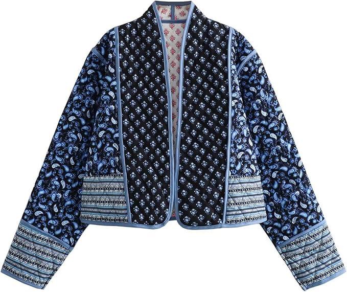 Women's Cropped Puffer Quilted Jacket Cardigan Floral Printed Lightweight Long Sleeve Open Front Short Padded Coats, Size: Medium