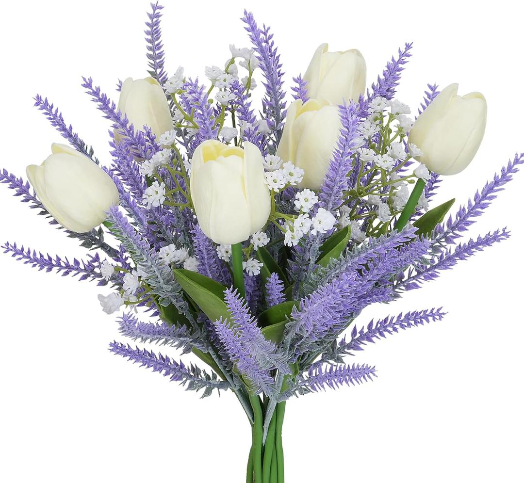 9PCS Artificial Flowers Purple Fake Plastic Lavender with White Tulips Floral Arrangements Spring Flowers for Decoration Home Kitchen Table Centerpiece Wedding