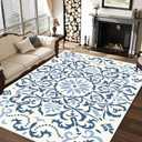 Blue Area Rugs for Living Room 8x10, Machine Washable Rugs Non Slip, Boho Vintage Indoor Carpet Mats for Home Decor