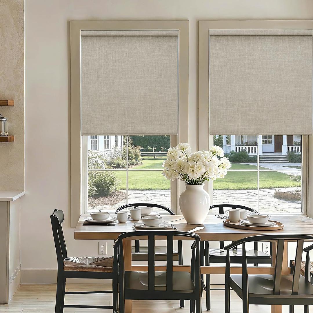 Blackout Roller Shades Cordless Blinds for Windows Free-Stop Thermal Insulated 100% Blackout Linen Roller Shades Blinds with Valance for Bedroom Living Dining Room Home Office Oatmeal 28" W x 72" H