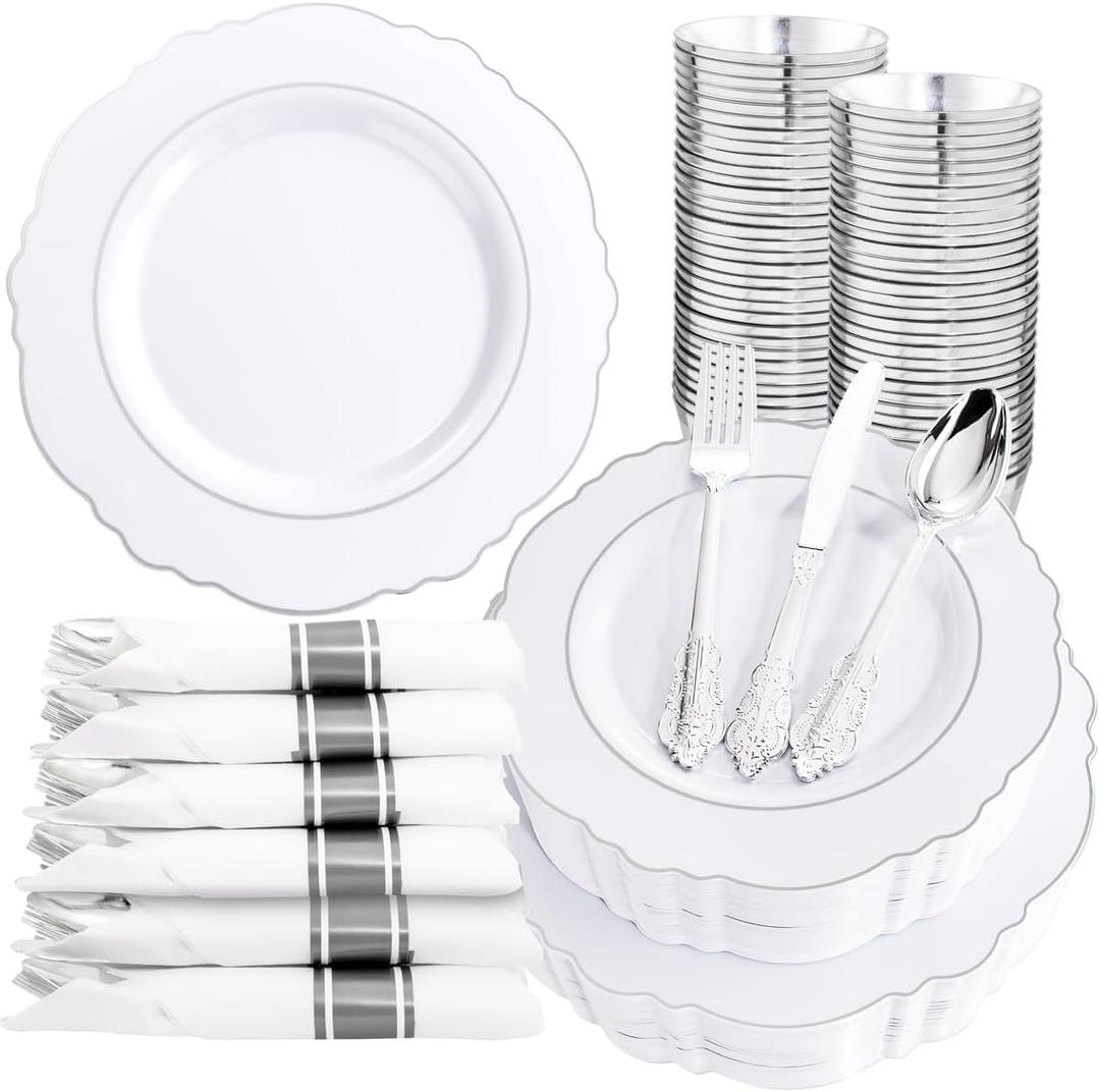 Liacere 350PCS Silver Plastic Plates-Disposable White and Silver Plates 50guest Baroque Plastic Dinnerware Set include 100Plates, 50Pack Pre Rolled Napkins with Silverware 50Cups Perfect for Wedding