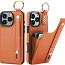 Folosu for iPhone 16 Pro Max Wallet Case with Card Holder, Hand Wrist Strap Loop Holder Kickstand, RFID Blocking Finger Grip Ring PU Leather Double Buttons Shockproof Cover 6.9" Brown