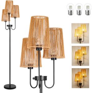 Boho Floor Lamp, Dimmable Farmhouse Floor Lamp with 3 Elegant Rattan Cage Shade and 7W LED Bulbs, 65" Rustic Tree Tall Lamp Black Standing Lamps for Living Room Bedroom,Office,Corner