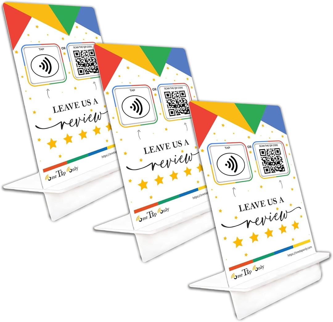 NFC Review Tap Stand  Smart Social Media & Business Card Alternative  NFC Tag & QR Code  Compatible with Google Review System, for All Smart Phones  Boost SEO, Engagement & Visibility (3 Stand)