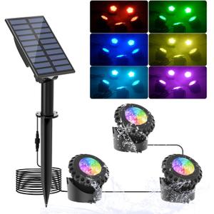 T-SUN Solar Fountain Lights Submersible Solar LED Underwater Pond Lights Color Changing Landscape Spotlights IP68 Waterproof for Garden Fish Trank Aquarium Pool Waterproof (3 Lights in 1)