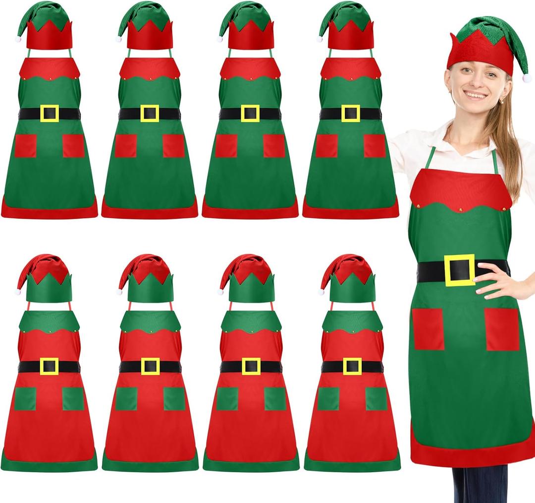 Ramede 16 Pcs Christmas Elf Apron and Hat Set, 8 Aprons and 8 Hats Elf Costume Kits Accessories (Green, Red)