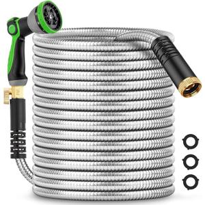 200Ft Metal Garden Hose durable stainless steel Water Hose, flexible, lightweight hose is resistant to kinks and tangles. With 10-way nozzle, strong 3/4 metal fittings, and a Stop Valve. (Silver)