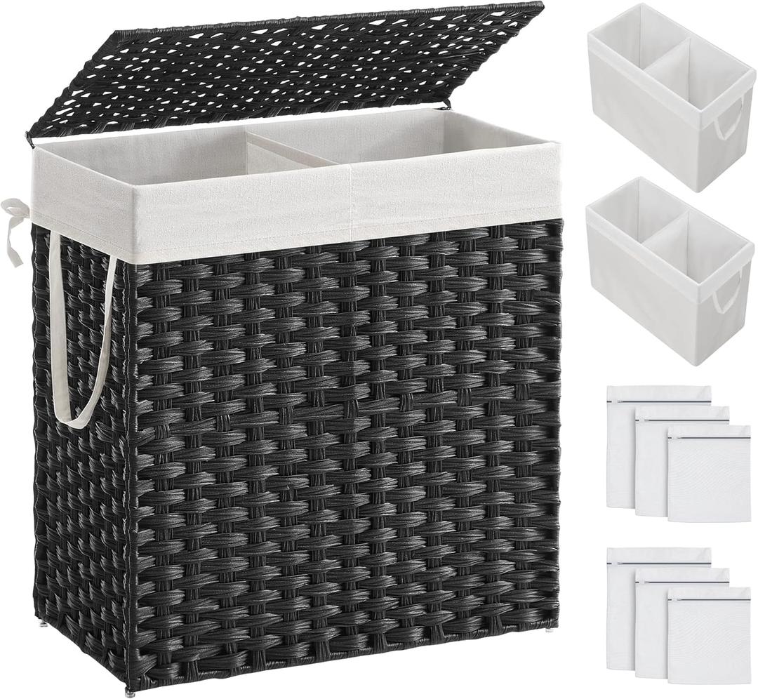 SONGMICS Laundry Hamper with Lid, 110L Clothes Hamper with 2 Removable Liner Bags, 6 Mesh Bags, Wicker Laundry Basket, Double Laundry Hamper for Laundry Room, 13 x 22.4 x 23.6 Inches Black ULCB52BK