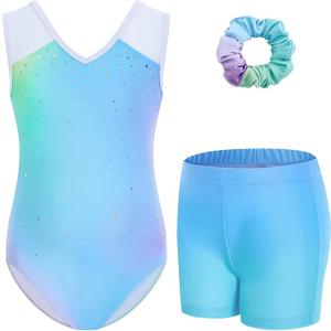 Gogokids Girls Gymnastics Leotard Set with Shorts, Sparkly Rhinestone Gradient Mesh Dance Outfit for Ballet Training, Gradient Pink, 3-4 Years