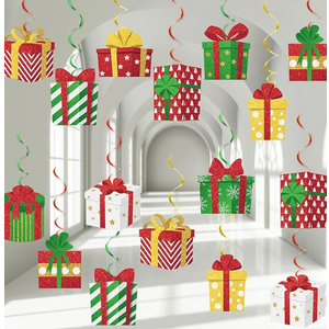 Christmas Hanging Foil Swirls Decorations Gift Box Shape Hanging Swirls Ceiling Decorations for Xmas Holiday Birthday Party Decor Christmas Outdoor Indoor Decor Baby Shower Supplies