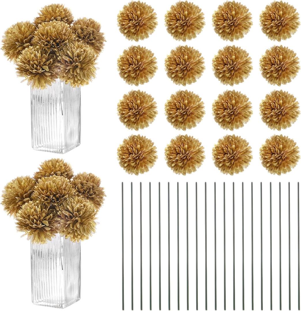 30-Pack Artificial Chrysanthemum Ball Flowers,11 Inch Faux Chrysanthemum Silk Bouquets Real Touch Faux Flowers for Home/Wedding/Christmas/Party[Gold]