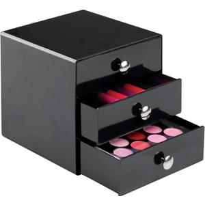 iDesign 35360 3-Drawer Plastic Vanity Organizer, Compact Storage Organization Set for Cosmetics, Dental Supplies, Hair Care, Bathroom, Dorm, Desk, Countertop, Office, 6.5" x 6.5" x 6.5", Black
