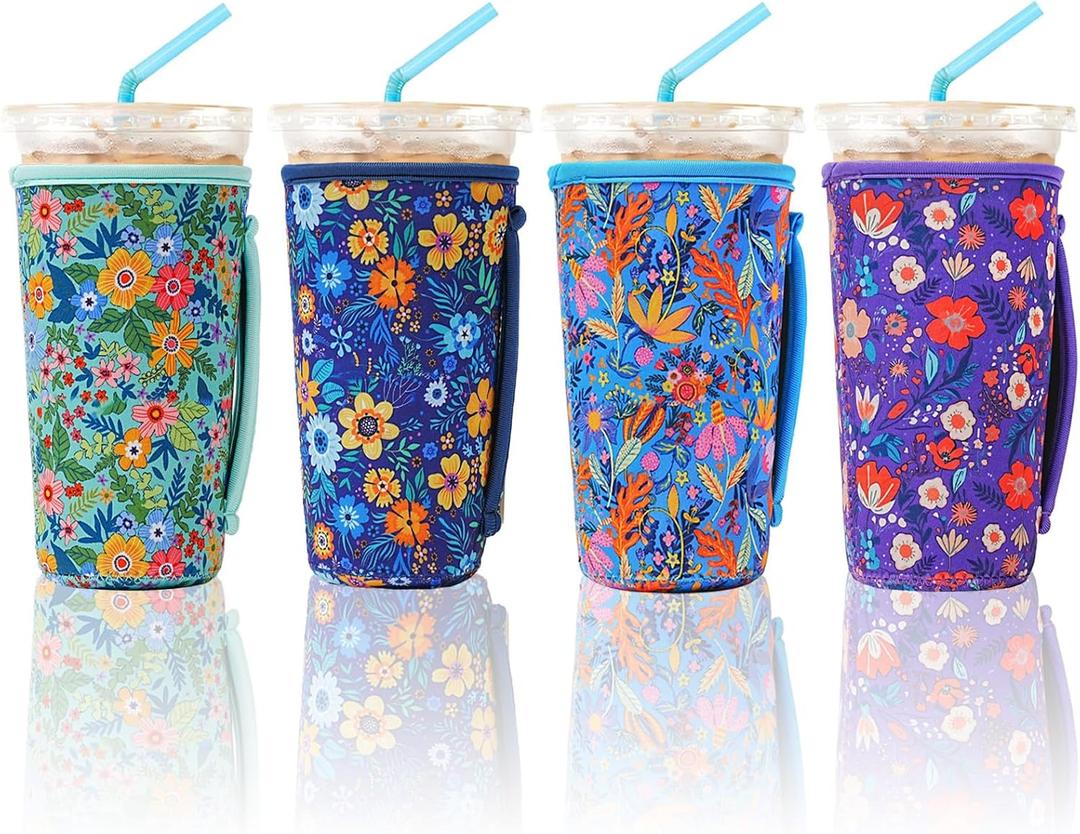 4 Pack Iced Coffee Sleeve,reusable Neoprene Cup Sleeves Suitable For Beverage Sleeves For Hot And Cold Coffee Or Ice Drink Coffee cup sleeve for Starbucks coffee cup (flowers 30-32 OZ)