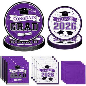 Purple Graduation Plates and Napkins Class of 2026 Grad Congrats Party Supplies Disposable Paper Plates Napkins for 2026 Graduation Party Decorations, Serve 50