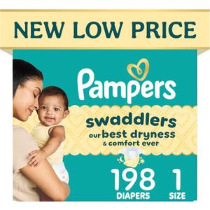 Pampers Swaddlers Diapers, Size 1 (8-14 lbs), 198 Count, Hypoallergenic, Absorbent, Keeps Baby Dry and Comfortable, Skin Safe Disposable Newborn Baby Diaper