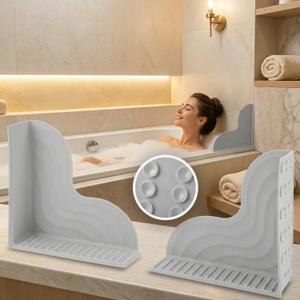 2-Pack Gray All-Silicone Bathtub Splash Guards. | No-Glue Corner Water Stopper with Secure Suction Cups, Easy On/Off Bath Tub Leak Proof Barrier for Walk-in Showers.